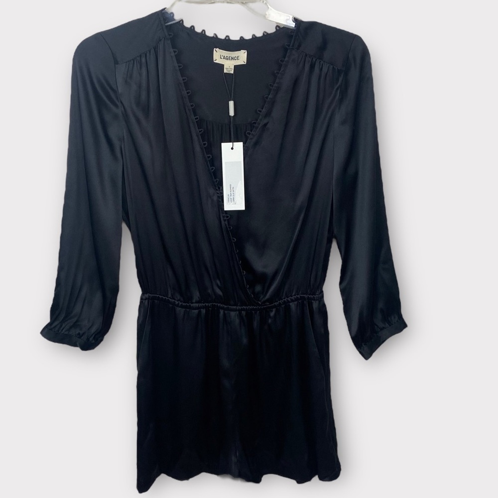 NEW L’AGENCE size 2 silk blend black romper trim loop black